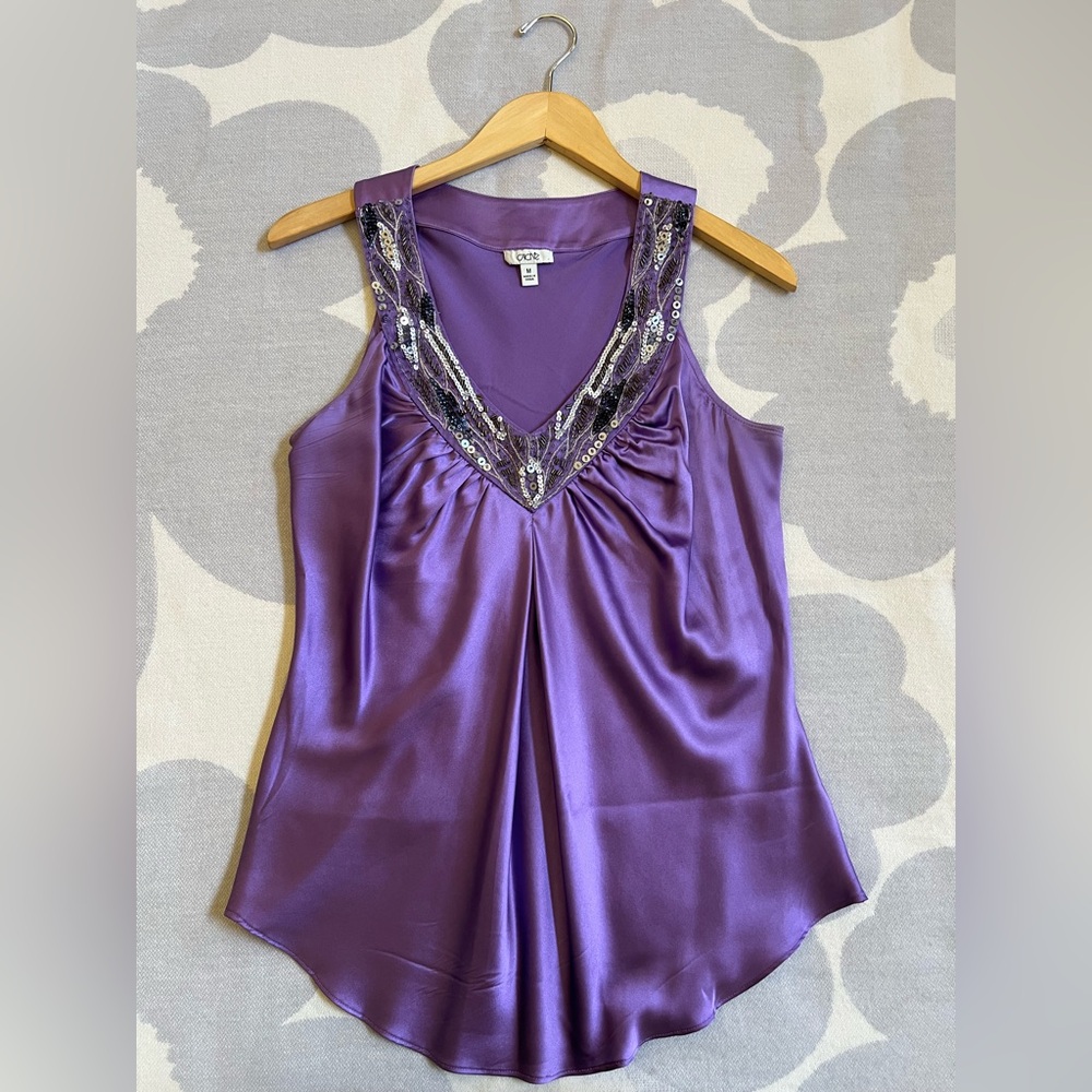 Cache Top Vintage Silk Jazz Age Blouse Sleeveless Sequined Amethyst Size M - Picture 3 of 16